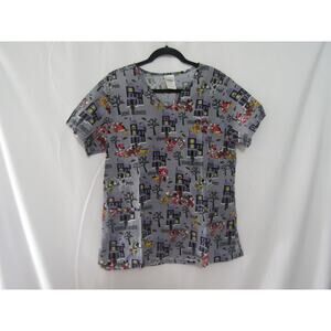 Disney Medical Scrub Top Medium Mickey & Friends Halloween Haunted House Print